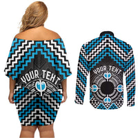 Personalised Aotearoa Niho Taniwha Motif Couples Matching Off Shoulder Short Dress and Long Sleeve Button Shirt Blue Style