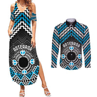 Personalised Aotearoa Niho Taniwha Motif Couples Matching Summer Maxi Dress and Long Sleeve Button Shirt Blue Style