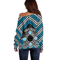 Personalised Aotearoa Niho Taniwha Motif Off Shoulder Sweater Blue Style