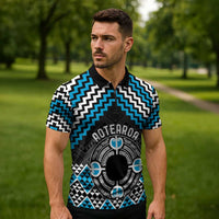 Personalised Aotearoa Niho Taniwha Motif Zipper Polo Shirt Blue Style - Polynesian Pride