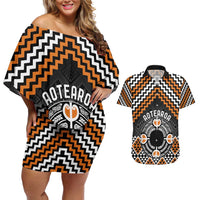 Personalised Aotearoa Niho Taniwha Motif Couples Matching Off Shoulder Short Dress and Hawaiian Shirt Gold Style
