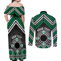 Personalised Aotearoa Niho Taniwha Motif Couples Matching Off Shoulder Maxi Dress and Long Sleeve Button Shirt Green Style