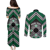 Personalised Aotearoa Niho Taniwha Motif Couples Matching Puletasi and Long Sleeve Button Shirt Green Style