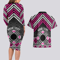 Personalised Aotearoa Niho Taniwha Motif Couples Matching Long Sleeve Bodycon Dress and Hawaiian Shirt Pink Style