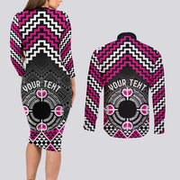 Personalised Aotearoa Niho Taniwha Motif Couples Matching Long Sleeve Bodycon Dress and Long Sleeve Button Shirt Pink Style