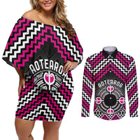 Personalised Aotearoa Niho Taniwha Motif Couples Matching Off Shoulder Short Dress and Long Sleeve Button Shirt Pink Style LT9 Pink - Polynesian Pride