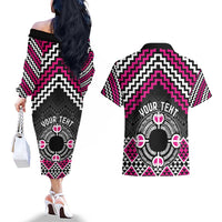 Personalised Aotearoa Niho Taniwha Motif Couples Matching Off The Shoulder Long Sleeve Dress and Hawaiian Shirt Pink Style