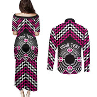 Personalised Aotearoa Niho Taniwha Motif Couples Matching Puletasi and Long Sleeve Button Shirt Pink Style