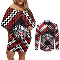 Personalised Aotearoa Niho Taniwha Motif Couples Matching Off Shoulder Short Dress and Long Sleeve Button Shirt Red Style