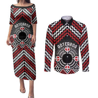 Personalised Aotearoa Niho Taniwha Motif Couples Matching Puletasi and Long Sleeve Button Shirt Red Style