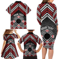 Personalised Aotearoa Niho Taniwha Motif Family Matching Long Sleeve Bodycon Dress and Hawaiian Shirt Red Style