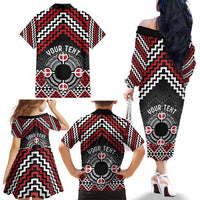 Personalised Aotearoa Niho Taniwha Motif Family Matching Off The Shoulder Long Sleeve Dress and Hawaiian Shirt Red Style