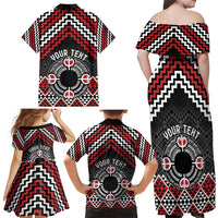 Personalised Aotearoa Niho Taniwha Motif Family Matching Off Shoulder Maxi Dress and Hawaiian Shirt Red Style