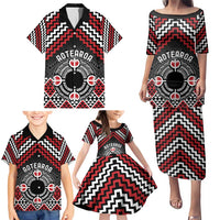 Personalised Aotearoa Niho Taniwha Motif Family Matching Puletasi and Hawaiian Shirt Red Style