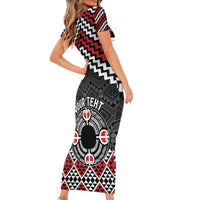 Personalised Aotearoa Niho Taniwha Motif Family Matching Short Sleeve Bodycon Dress and Hawaiian Shirt Red Style