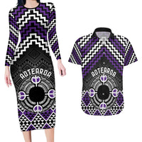 Personalised Aotearoa Niho Taniwha Motif Couples Matching Long Sleeve Bodycon Dress and Hawaiian Shirt Violet Style