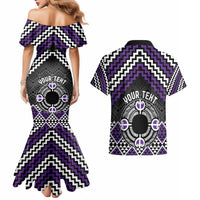 Personalised Aotearoa Niho Taniwha Motif Couples Matching Mermaid Dress and Hawaiian Shirt Violet Style