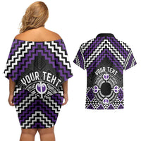 Personalised Aotearoa Niho Taniwha Motif Couples Matching Off Shoulder Short Dress and Hawaiian Shirt Violet Style