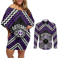 Personalised Aotearoa Niho Taniwha Motif Couples Matching Off Shoulder Short Dress and Long Sleeve Button Shirt Violet Style