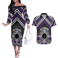 Personalised Aotearoa Niho Taniwha Motif Couples Matching Off The Shoulder Long Sleeve Dress and Hawaiian Shirt Violet Style