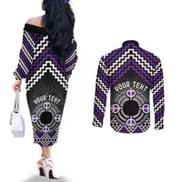 Personalised Aotearoa Niho Taniwha Motif Couples Matching Off The Shoulder Long Sleeve Dress and Long Sleeve Button Shirt Violet Style