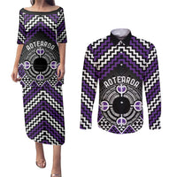 Personalised Aotearoa Niho Taniwha Motif Couples Matching Puletasi and Long Sleeve Button Shirt Violet Style
