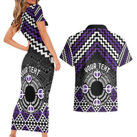 Personalised Aotearoa Niho Taniwha Motif Couples Matching Short Sleeve Bodycon Dress and Hawaiian Shirt Violet Style