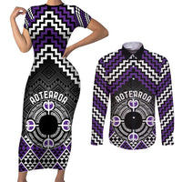 Personalised Aotearoa Niho Taniwha Motif Couples Matching Short Sleeve Bodycon Dress and Long Sleeve Button Shirt Violet Style