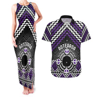 Personalised Aotearoa Niho Taniwha Motif Couples Matching Tank Maxi Dress and Hawaiian Shirt Violet Style