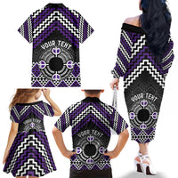 Personalised Aotearoa Niho Taniwha Motif Family Matching Off The Shoulder Long Sleeve Dress and Hawaiian Shirt Violet Style