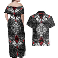 Black Aotearoa Tanilo Motif Couples Matching Off Shoulder Maxi Dress and Hawaiian Shirt Vintage Maori New Zealand Tribal Art Pattern