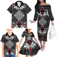 Black Aotearoa Tanilo Motif Family Matching Off The Shoulder Long Sleeve Dress and Hawaiian Shirt Vintage Maori New Zealand Tribal Art Pattern LT9 - Polynesian Pride