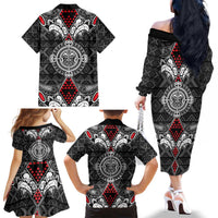 Black Aotearoa Tanilo Motif Family Matching Off The Shoulder Long Sleeve Dress and Hawaiian Shirt Vintage Maori New Zealand Tribal Art Pattern LT9 - Polynesian Pride