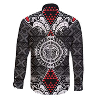 Black Aotearoa Tanilo Motif Family Matching Off The Shoulder Long Sleeve Dress and Hawaiian Shirt Vintage Maori New Zealand Tribal Art Pattern LT9 - Polynesian Pride