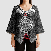 Black Aotearoa Taniko Motif Kimono Sleeve Blouse Vintage Maori New Zealand Tribal Art Pattern - Polynesian Pride