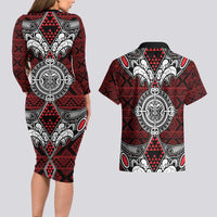 Red Aotearoa Tanilo Motif Couples Matching Long Sleeve Bodycon Dress and Hawaiian Shirt Vintage Maori New Zealand Tribal Art Pattern