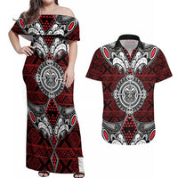 Red Aotearoa Tanilo Motif Couples Matching Off Shoulder Maxi Dress and Hawaiian Shirt Vintage Maori New Zealand Tribal Art Pattern