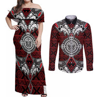 Red Aotearoa Tanilo Motif Couples Matching Off Shoulder Maxi Dress and Long Sleeve Button Shirt Vintage Maori New Zealand Tribal Art Pattern