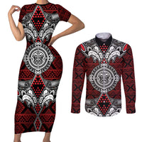 Red Aotearoa Tanilo Motif Couples Matching Short Sleeve Bodycon Dress and Long Sleeve Button Shirt Vintage Maori New Zealand Tribal Art Pattern