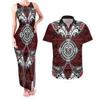 Red Aotearoa Tanilo Motif Couples Matching Tank Maxi Dress and Hawaiian Shirt Vintage Maori New Zealand Tribal Art Pattern