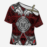 Red Aotearoa Taniko Motif Cross Shoulder Shirt Vintage Maori New Zealand Tribal Art Pattern - Polynesian Pride