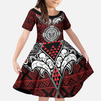 Red Aotearoa Tanilo Motif Kid Short Sleeve Dress Vintage Maori New Zealand Tribal Art Pattern
