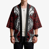 Red Aotearoa Taniko Motif Kimono Vintage Maori New Zealand Tribal Art Pattern - Polynesian Pride