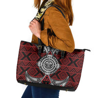 Red Aotearoa Taniko Motif Leather Tote Bag Vintage Maori New Zealand Tribal Art Pattern