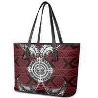 Red Aotearoa Taniko Motif Leather Tote Bag Vintage Maori New Zealand Tribal Art Pattern