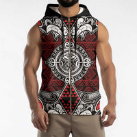 Red Aotearoa Taniko Motif Sleeveless Zip Hoodie Vintage Maori New Zealand Tribal Art Pattern - Polynesian Pride