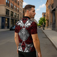 Red Aotearoa Taniko Motif Zipper Polo Shirt Vintage Maori New Zealand Tribal Art Pattern - Polynesian Pride