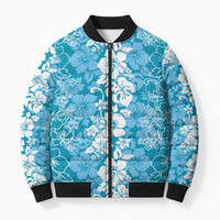 Hawaiian Lei Day Bomber Puffer Jacket Blue Hibiscus Flowers Lei Art - Polynesian Pride