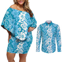 Hawaiian Lei Day Couples Matching Off Shoulder Short Dress and Long Sleeve Button Shirt Blue Hibiscus Flowers Lei Art