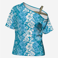 Hawaiian Lei Day Cross Shoulder Shirt Blue Hibiscus Flowers Lei Art - Polynesian Pride